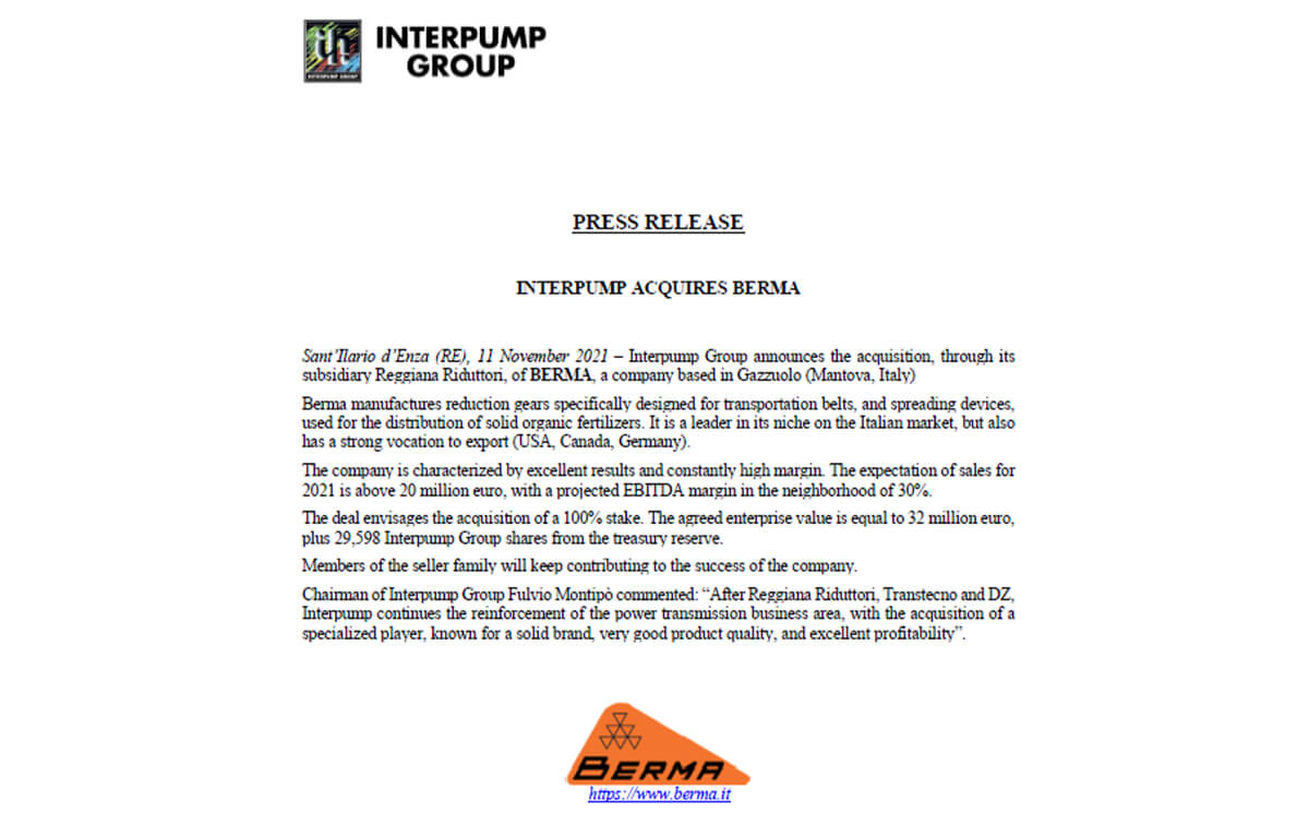 Acquisizione Berma Interpump group Reggiana Riduttori